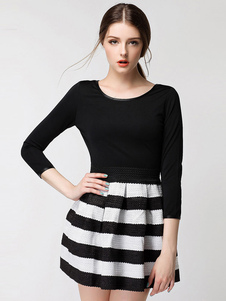 Skater noir robe femme rayé rond Manche 3/4 longueur manches Slim Fit une robe courte ligne