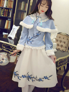 Lumière bleue Lolita Coat 2 pièces Set laine Lolita brodé Floral tenues Cape manteau avec robe