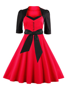 Robe Vintage bicolore Sweetheart Half Sleeve femmes plissé robe patineuse avec Sash Bow