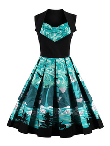 Vintage robe Square robe patineuse plissée imprimée sans manches femmes