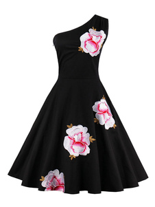 Une épaule sans manches Floral brodé plissé Skater robe robe Vintage féminines noire
