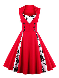 La place rouge Vintage robe robe sans manches Floral imprimé plissé Skater avec boutons