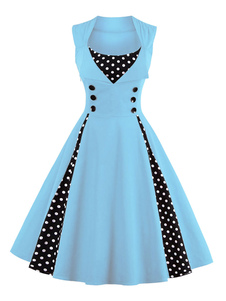 Pois sans manches femmes Vintage robe Light Blue Square encolure plissée robe patineuse
