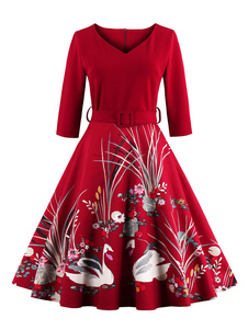 Bourgogne robe Vintage V Manche 3/4 longueur manches Floral imprimé robe Slim Fit patineuse plissée