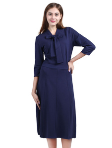 Coton robe bleu profond des femmes embelli col 3/4 longueur manches robe longue