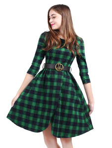 Robe Vintage verte ronde Manche 3/4 longueur manches robe de coton avec ceinture