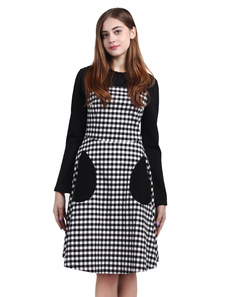 Robe Vintage bicolore Stand col manches longues Plaid faux Style deux pièces robe de coton femmes