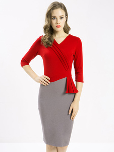 Robe Vintage bicolore V Manche 3/4 longueur Slim Fit Bodycon robe manches femmes