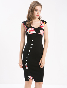 Carré de robe Vintage noir sans manches fente imprimé Floral Bodycon robe avec les boutons