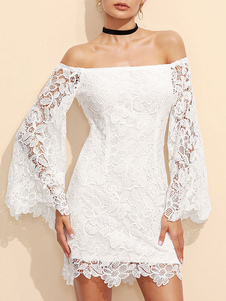 Dentelle robe Bodycon blanc hors de l’épaule Bell manches longues Slim Fit fourreau