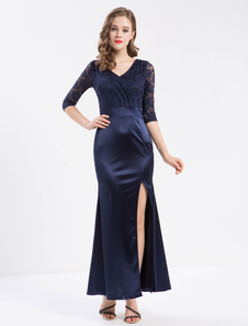 Split de robe Maxi bleu profond V cou dentelle 3/4 longueur manches femmes robe de soirée