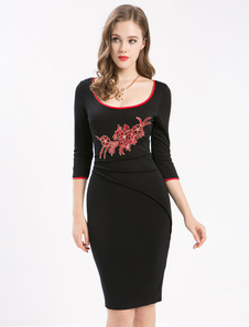 Manches 3/4 Bodycon Dress fleurs brodées des femmes noires rondes robe fourreau cou