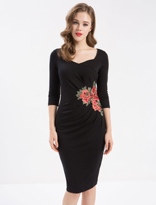 Fleur robe noire Vintage Bodycon Long Sleeve femmes rétro drapé robe brodée