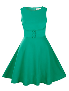 Sans manches boutons déco Flare robe rétro robe Vintage féminines Green