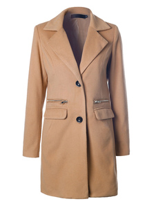 À poil Long bouton avant Zip détail manches longues Casual pardessus des femmes