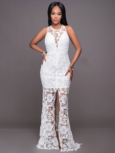 Long blanc Lacei robe tour de cou Split sans manches robe Sexy