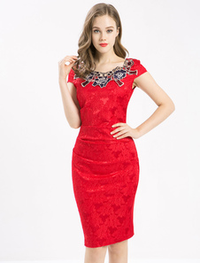 Col rond manches courtes robe Vintage rouge féminin brodé Slim Fit Bodycon Dress