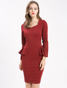 La place rouge Vintage robe encolure manches longues Ruffle Peplum Houndstooth Slim Fit Bodycon Dres