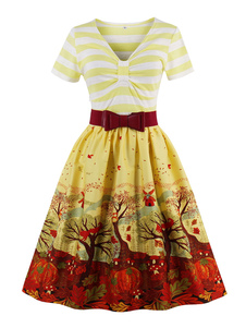 Robe Vintage jaune V cou manches courtes femmes imprimé robe patineuse plissée avec Sash Bow