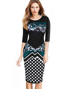 Robe Bodycon féminine autour de cou Half Sleeve Polka Dot imprimé robe fourreau Fit Slim