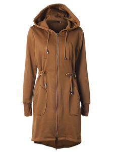 Drawstring taille manches longues Fit occasionnels pardessus manteau Long à capuchon féminin