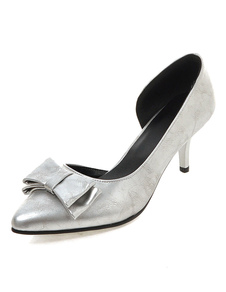 Argent Flats chaton talon femmes a souligné Toe Slip sur pompes chaussures avec Bow