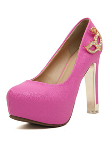 Talons hauts plateformes Rose rouge Slip On Chunky talon pompes chaussures avec détail métal