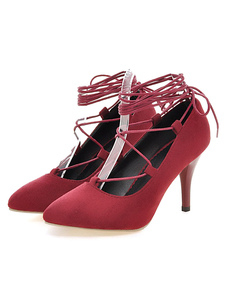 Suédé talons hauts rouge a souligné Toe lacets cheville sangle talon aiguille pompes