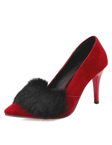 Suédé talons hauts rouge a souligné Toe fourrure détail Slip sur pompes talon Kitten