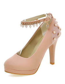 Plate-forme rose pompes talon haut féminin Round Toe perles cheville sangle talon aiguille chaussure