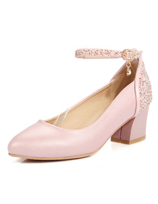 Pompes rose pailletée bout pointu cheville bracelet Chunky talon chaussures femme