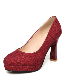 Paillettes de soirée chaussures à talons hauts rouge plate-forme ronde Toe évasée talon glisser sur 