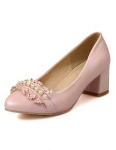 Rose pompes des femmes Chunky talon orteil rond perles perlées feuillet sur les chaussures