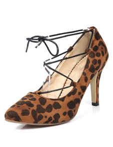 Suédé talons léopard a souligné Toe dentelle haut talon aiguille pompes