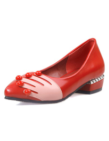 Pompes rouge bout pointu femmes perlé Slip On Chunky Heel Shoes