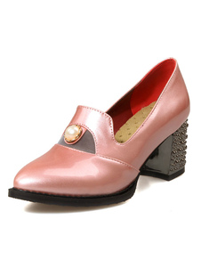 Rose pompes femmes talon Chunky a souligné Toe perle perlée feuillet sur les chaussures