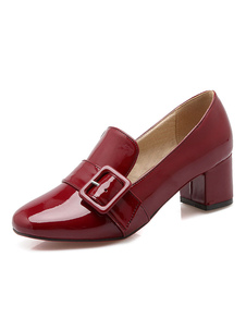 Rouge des femmes pompes talon Chunky Round Toe boucle détail Slip sur les chaussures