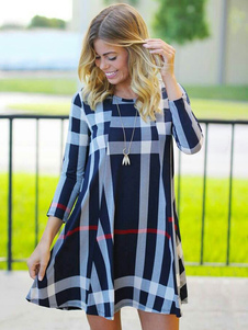 Plaid robe bleue à manches longues imprimé robe courte col rond féminin