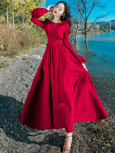 Bouton avant robe Maxi rouge volant Bell manches féminines longtemps Vintage robe plissée