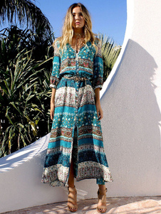 Boho Maxi robe manches 3/4 de la femme imprimé Floral haute Split robe longue bleue