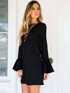 Ruffle Bell manches dentelle Maj noir robe féminine robe courte