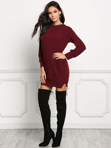 À la palangre côté manches longues robe féminine fente Crew Neck robe à capuche Bourgogne