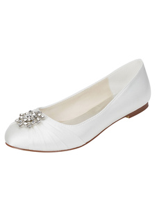 Mariage Ivoire chaussures strass soie plissée ronde Toe Slip mariée plat pompes