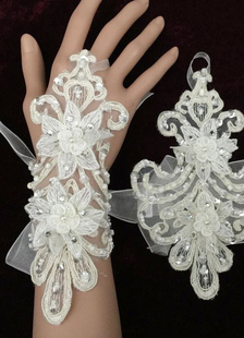 Dentelle mariage blanc Gants Mitaines perles fleurs 3D poignet longueur gants de mariée avec ruban O