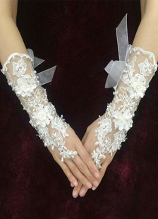 White Lace Fingerless gants de mariée perles 3D fleur Organza Ribbon Bow milieu gants de mariée long