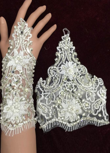 White Wedding gants dentelle strass perles 3D fleur poignet Fingerless gants de mariée longueur