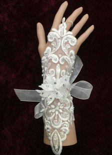 Fleurs de mariage fingerless gants dentelle perles blanc Organza Ruban poignet gants de mariée longu