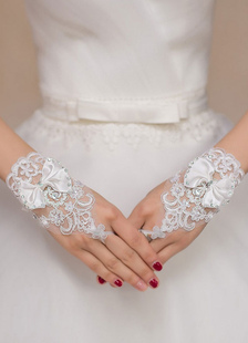 Gants de mariée blanche strass boucles poignet Fingerless gants de mariée longueur