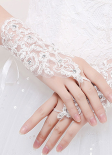 Mariage fingerless gants dentelle blanc perler poignet longueur gants de mariée avec ruban Organza