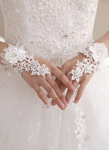Dentelle mariage blanc Gants Mitaines perles fleurs appliques poignet creux de longueur des lacets d